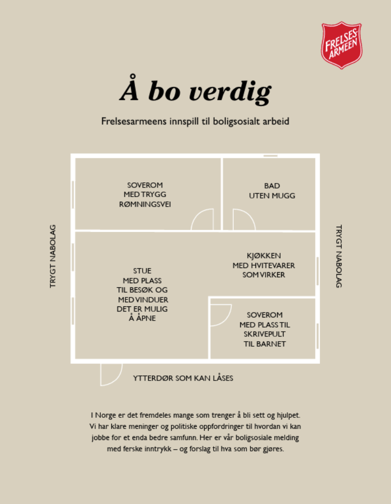 Foto: Av en beige forside på en rapport med Frelsesarmeens logo oppe i høyre hjørne. Den har en del tekst på forsiden, der mye av dette står skrevet i en skisse med romfordelingen av en leilighet.