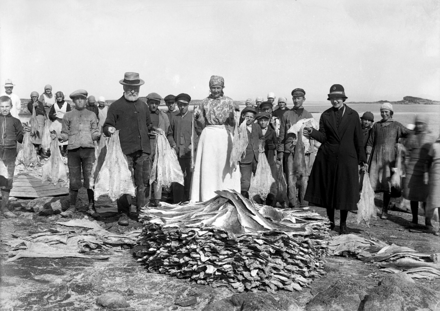 Foto: Gammelt svart-hvitt-bilde av en rekke folk som bærer klippfisk som de legger i en haug. Her deltar menn, kvinner og barn i arbeidet. det samme gjør em kvinne i uniform med hatt.