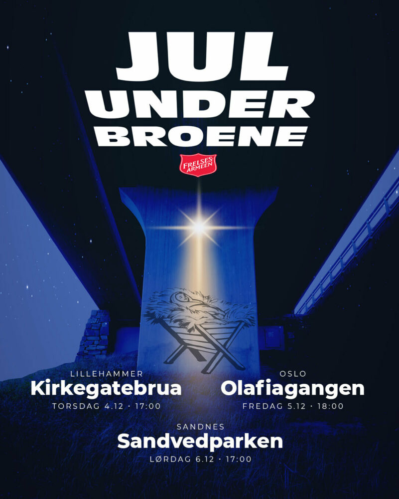 Plakat: Blått lys under en bro der det står Jul under bronen med store, hvite bokstaver.  Det er også en stjerne som lyser og en illustrasjon av Jesus-barnet i krybben.