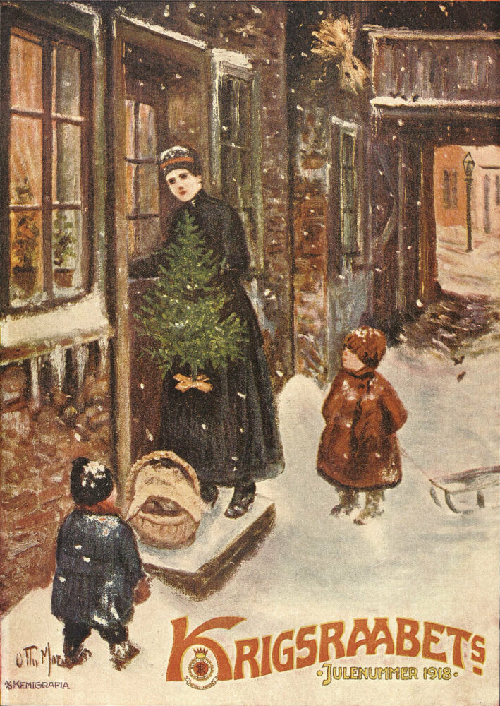 Illustrasjon: Regnet forside i farger der det nederst står Krigsraabets julenummer 1918. Det viser en ung mor med to barn i en snøfylt by. Moren står på trappa til et hus i rød murstein. Hun holder et lite juletre og har med seg en kurv med mat.