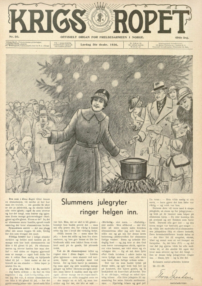 Foto: Forside av Krigsropet med illustrasjon av kvinne med hatt og kåpe fra Frelsesarmeen foran et juletre og med en gryte ved sin side. Det er samlet mange folk rundt henne – menn, kvinner og barn – på begge sider i vintertøy anno 1930-tallet.