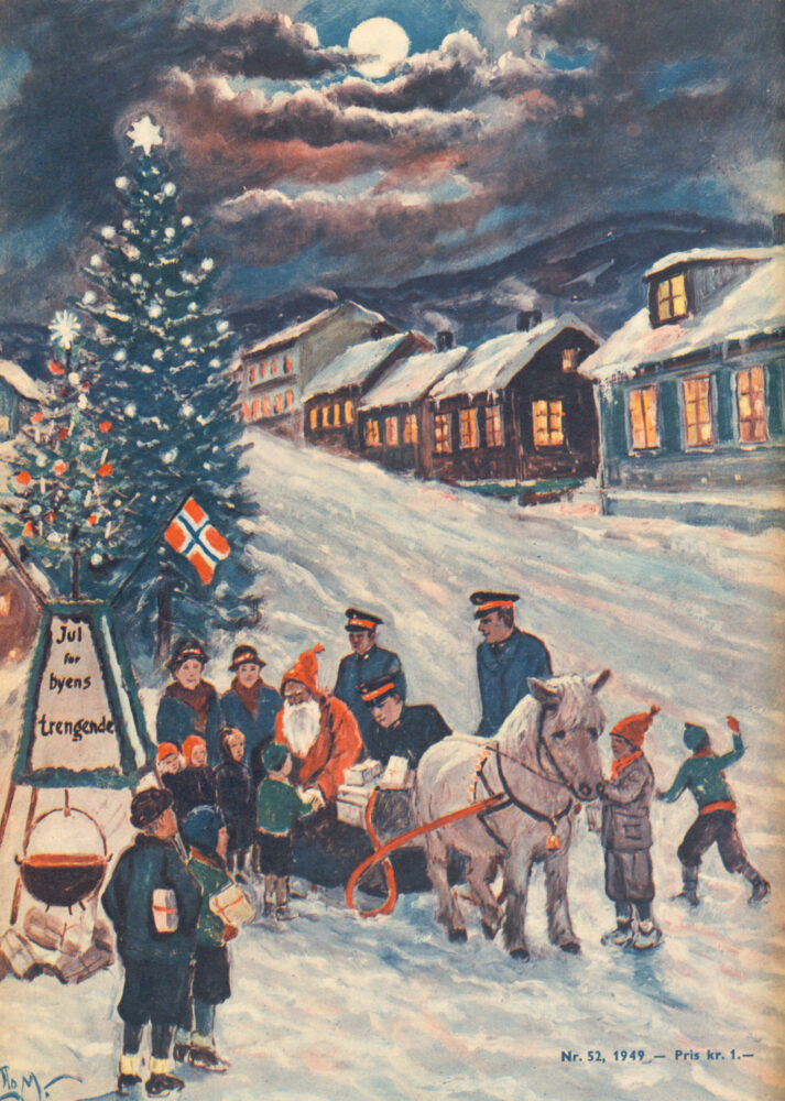 Illustrasjon: En julegran ute med Frelsesarmeens julegryte foran. ved siden av står en hvit hest spent foran en slede. Oppi sitter en nisse i rød drakt og hvitt skjegg som deler ut gaver til barn. Han er sammen med to kvinner og tre menn i uniformer fra Frelsesarmeen.