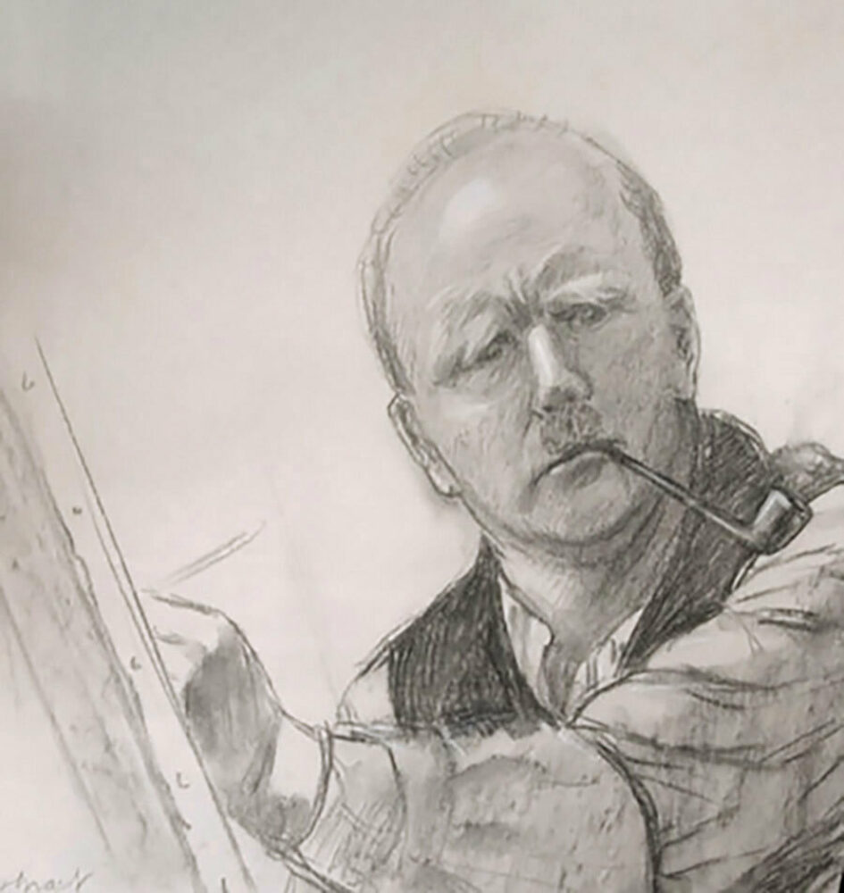 Illustrasjon: I svart hvitt av en mann med pipe i munnviken og lite hår på hodet. Han sitter og tegner på et lerret.