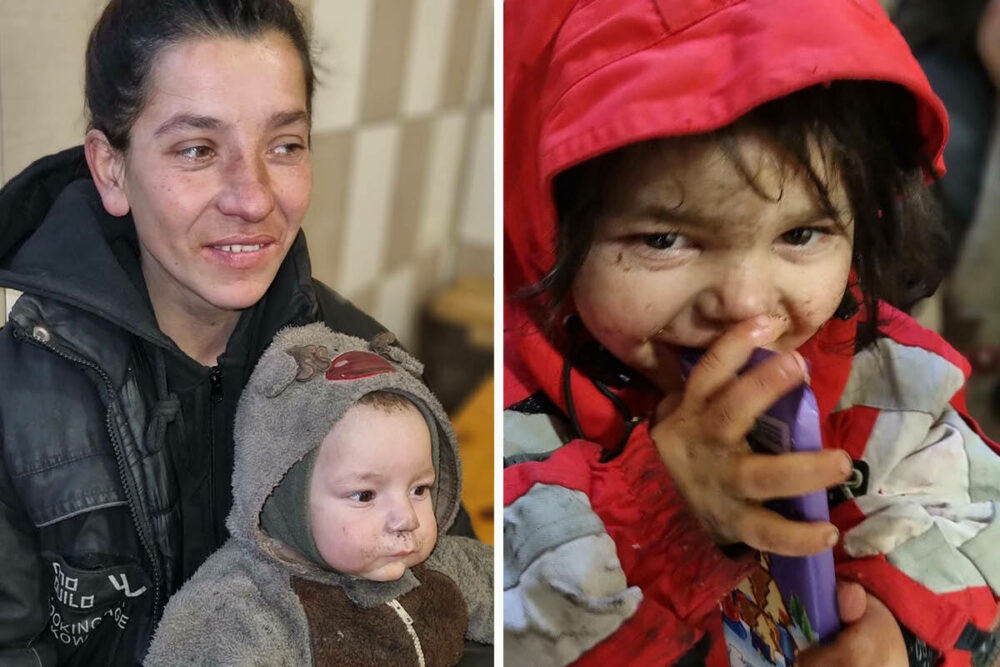 To bilder satt sammen av fattig mor med baby på fanget og en liten toåring med hette over hodet på det andre bildet.